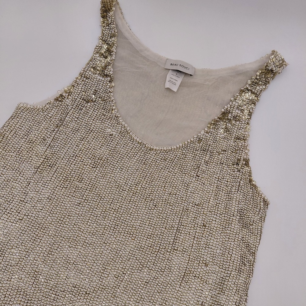Beau Souci Womens S Silk Gold White PVC Sequin Tank Top Shirt Luxury Glam Bling